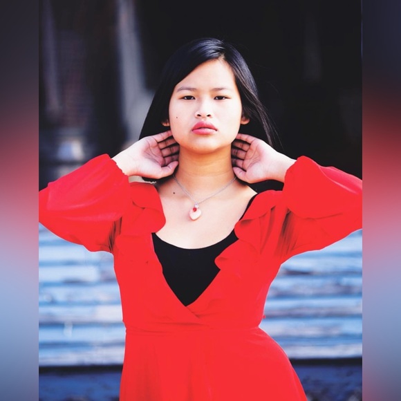 SMALL FOREVER 21 RED WRAP DRESS + RUFFLES - Picture 2 of 9